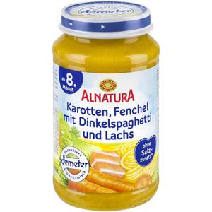 Alnatura Karotten, Fenchel mit Dingelspaghetti und Lachs