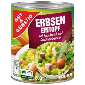 GUT&GÜNSTIG Erbseneintopf mit Rauchspeck und Cocktailwürstchen 800g