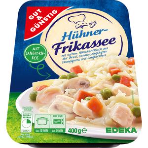 GUT&GÜNSTIG Hühnerfrikassee mit Fleisch, Gemüse, feinem Reis 400g