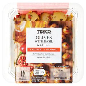 Tesco Olives With Basil & Chilli 130G