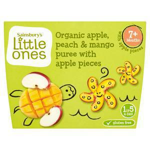 Sainsbury's Little Ones Organic Apple, Peach & Mango Puree 7+ Months 4 x 100g (400g)