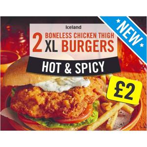 Iceland 2 Hot and Spicy Boneless Chicken Thigh XL Burgers 300g