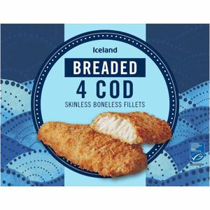 Iceland Breaded 4 Cod Skinless Boneless Fillets 500g