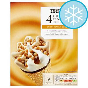 Tesco 4 Toffee & Vanilla Cones 440Ml Price Marked