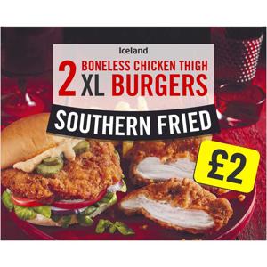 Iceland 2 Southern Fried Boneless Chicken Thigh XL Burgers 300g