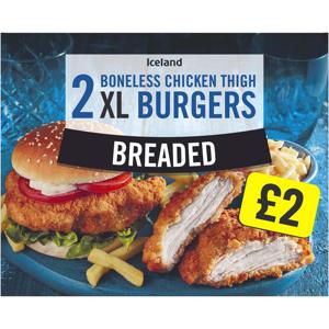 Iceland 2 Breaded Boneless Chicken Thigh XL Burgers 300g