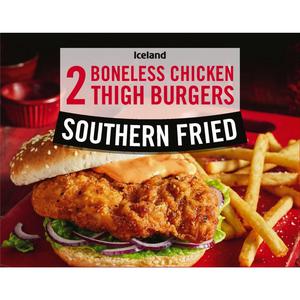 Iceland 2 Southern Fried Boneless Chicken Thigh Burgers 300g