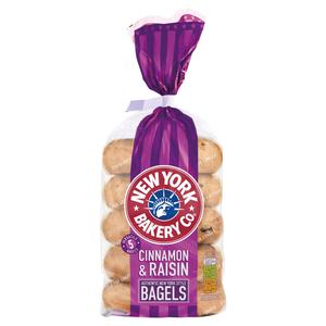 New York Bagel Co. New York Bakery Co. 5 Cinnamon & Raisin Bagels Fresher for Longer 425g