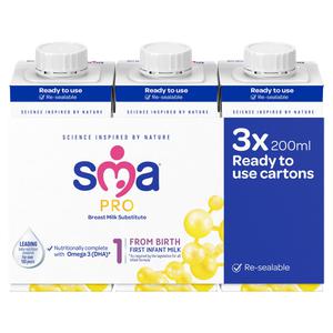 SMA Pro Breast Milk Substitute 1 from Birth First Infant Milk 3 x 200ml