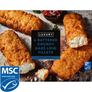 Iceland Luxury 4 Battered Chunky Hake Loin Fillets 600g