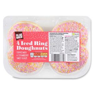 Village Bakery Iced Ring Doughnuts With A Strawberry Topping 220g-4 Pack