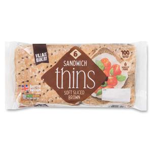 Village Bakery Sandwich Thins Soft Sliced Brown 240g-6 Pack