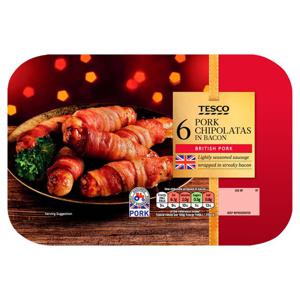 Tesco 6 British Pork Chipolatas In Bacon 264G