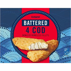 Iceland Battered 4 Cod Skinless Boneless Fillets 500g