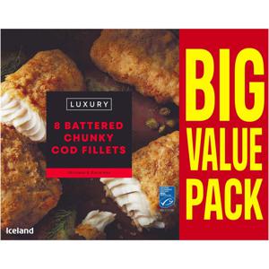 Iceland Luxury 8 Battered Chunky Cod Fillets 1kg