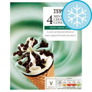 Tesco 4 Mint & Chocolate Cones 440Ml