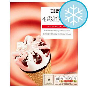 Tesco 4 Strawberry & Vanilla Cones 440Ml