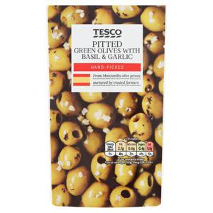 Tesco Pitted Green Olives Basil&Garlic 70G