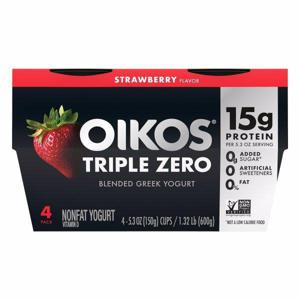 Oikos Triple Zero Yogurt, Nonfat, Strawberry Flavor, Blended, Greek, 4 Pack