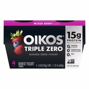 Oikos Triple Zero Yogurt, Nonfat, Greek, Mixed Berry Flavor, Blended, 4 Pack