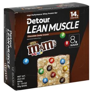 DETOUR Lean Muscle Protein Bar, Chocolate Candy Crunch, M&M's Milk Chocolate Minis