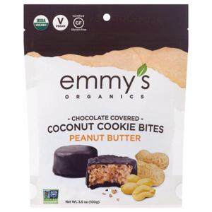 Emmy's Organics Cookie Bites, Coconut, Organic, Chocolate Covered, Peanut Butter