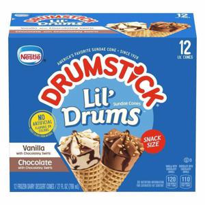 Drumstick Lil' Drums Frozen Dairy Dessert Cones, Vanilla/Chocolate, Snack Size, 12 Pack