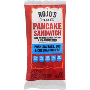 ROJO'S FAMOUS Pancake Sandwich, Pork Sausage, Egg & Cheddar Cheese