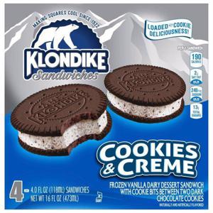 Klondike Frozen Vanilla Dairy Dessert Sandwich, Cookies & Creme, 4 Pack