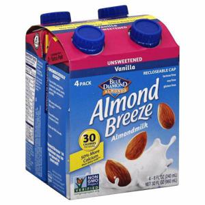 Blue Diamond Almond Breeze Almondmilk, Unsweetened, Vanilla, 4 Pack