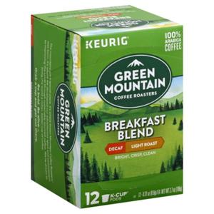 Green Mountain Coffee K-Cup Pods Coffee, 100% Arabica, Light Roast, Breakfast Blend, Decaf