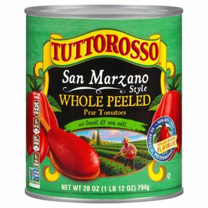 Tuttorosso Tomatoes Pear Tomatoes, with Basil & Sea Salt, Whole Peeled, San Marzano Style