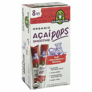 Sambazon Acai Smoothie Pops, Organic, Acai Strawberry Banana, 8 Pack