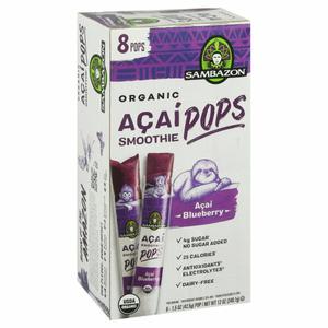 Sambazon Acai Smoothie Pops, Organic, Acai Blueberry, 8 Pack