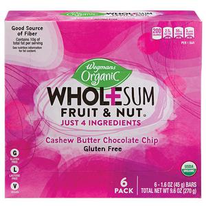 Wegmans Organic Cashew Butter Chocolate Chip Wholesum Fruit & Nut Bars, 6 Pack