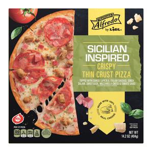 Alfredo frozen Sicilian inspired crispy thin crust pizza