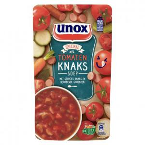 Unox Soep in zak tomatensoep met knaks