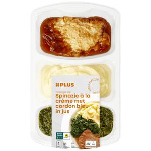 PLUS Spinazie met cordon bleu en puree Doos bak 500 gram