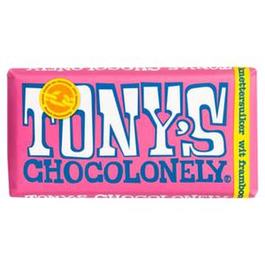 TONY'S CHOCOLONELY® Tony's Chocolonely Wit 28% Framboos Knettersuiker Chocolade Reep 180g