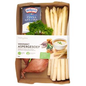 Fresh & easy Verspakket aspergesoep Zelf toevoegen: 2 el (olijf)olie
1 tl kerriepoeder
1 liter water
Peper