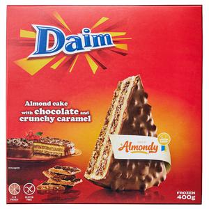 Almondy Daim Chocolade-amandeltaart met karamel