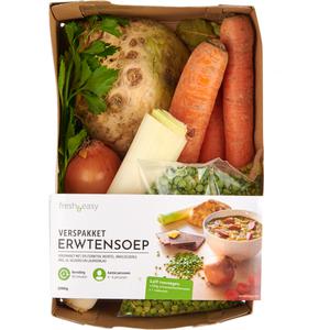 Fresh & easy Verspakket erwtensoep Bereiding: 90 minuten.
Aantal personen: 4-6 personen.

Zelf toevoegen:
* 500 gram schouderkarbonade.
* 1 rookworst.