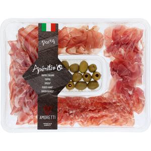 tapasschotel Amoretti Aperitivo tapasschotel Amoretti. Inhoud: Napoli salami, Coppa, speck, cured ham en groene olijven