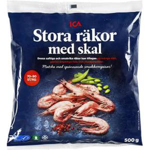 ICA Stora räkor med skal 70-90st/kg Fryst 500g MSC
